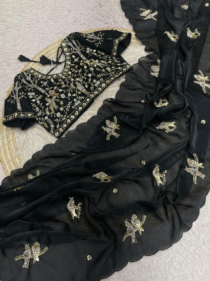 Bollywood Trending Fandy Satin Saree with Khatli & Beads Work Border | Ready-to-Wear Stitched Blouse | Party Wear Designer Saree