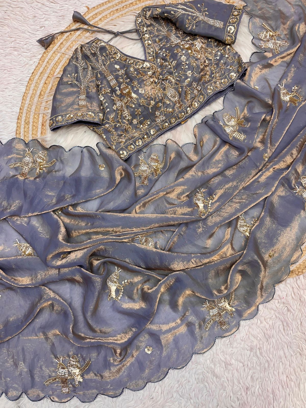 Bollywood Trending Fandy Satin Saree with Khatli & Beads Work Border | Ready-to-Wear Stitched Blouse | Party Wear Designer Saree