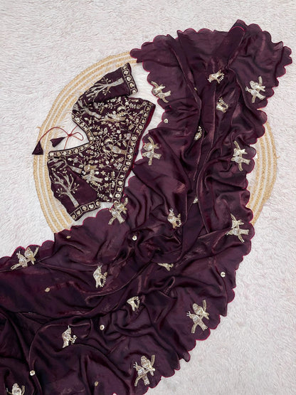Bollywood Trending Fandy Satin Saree with Khatli & Beads Work Border | Ready-to-Wear Stitched Blouse | Party Wear Designer Saree