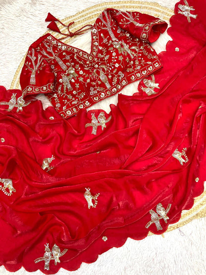 Bollywood Trending Fandy Satin Saree with Khatli & Beads Work Border | Ready-to-Wear Stitched Blouse | Party Wear Designer Saree