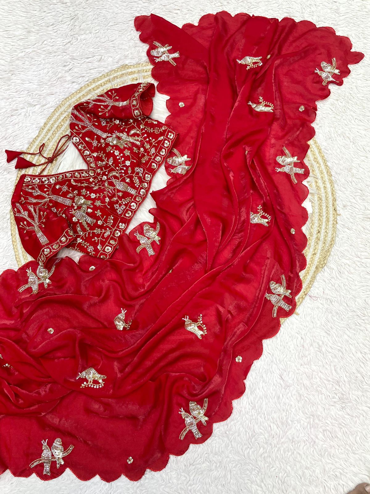 Bollywood Trending Fandy Satin Saree with Khatli & Beads Work Border | Ready-to-Wear Stitched Blouse | Party Wear Designer Saree