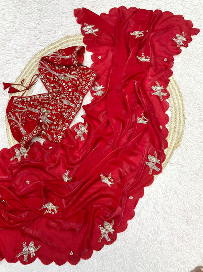 Bollywood Trending Fandy Satin Saree with Khatli & Beads Work Border | Ready-to-Wear Stitched Blouse | Party Wear Designer Saree
