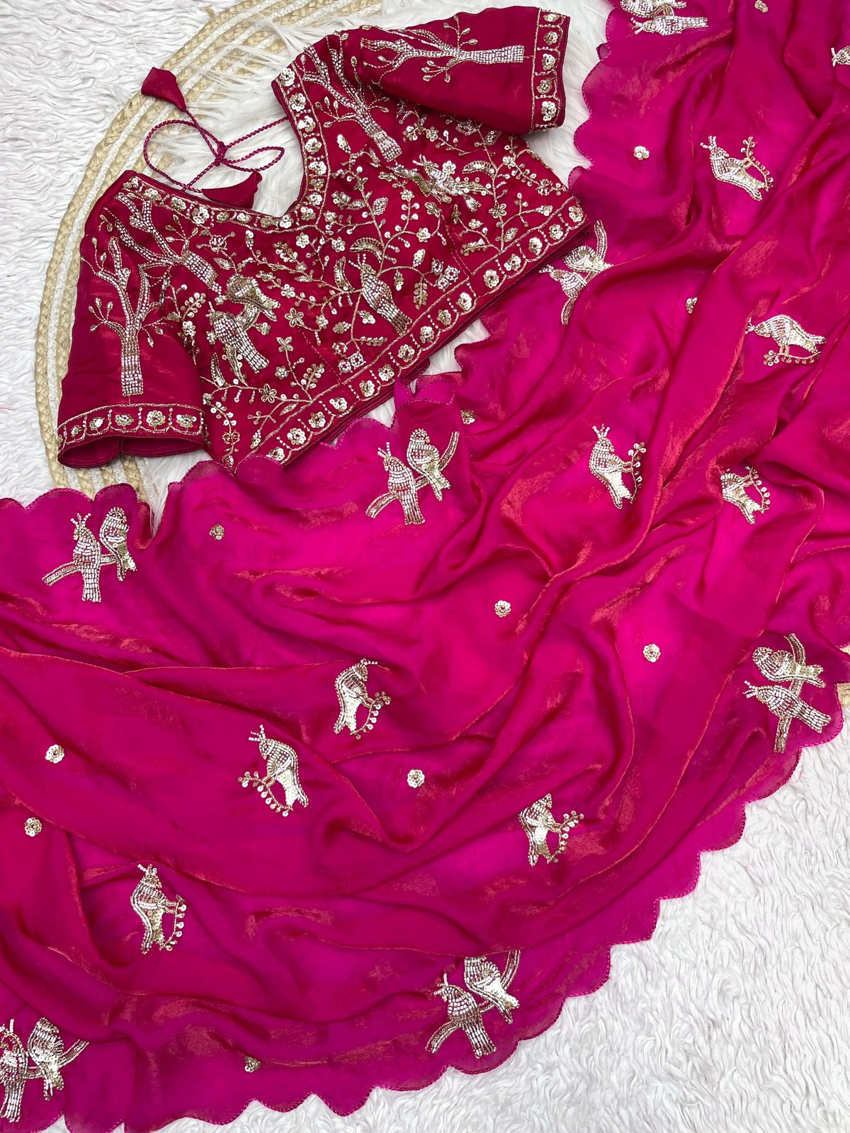 Bollywood Trending Fandy Satin Saree with Khatli & Beads Work Border | Ready-to-Wear Stitched Blouse | Party Wear Designer Saree