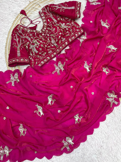 Bollywood Trending Fandy Satin Saree with Khatli & Beads Work Border | Ready-to-Wear Stitched Blouse | Party Wear Designer Saree