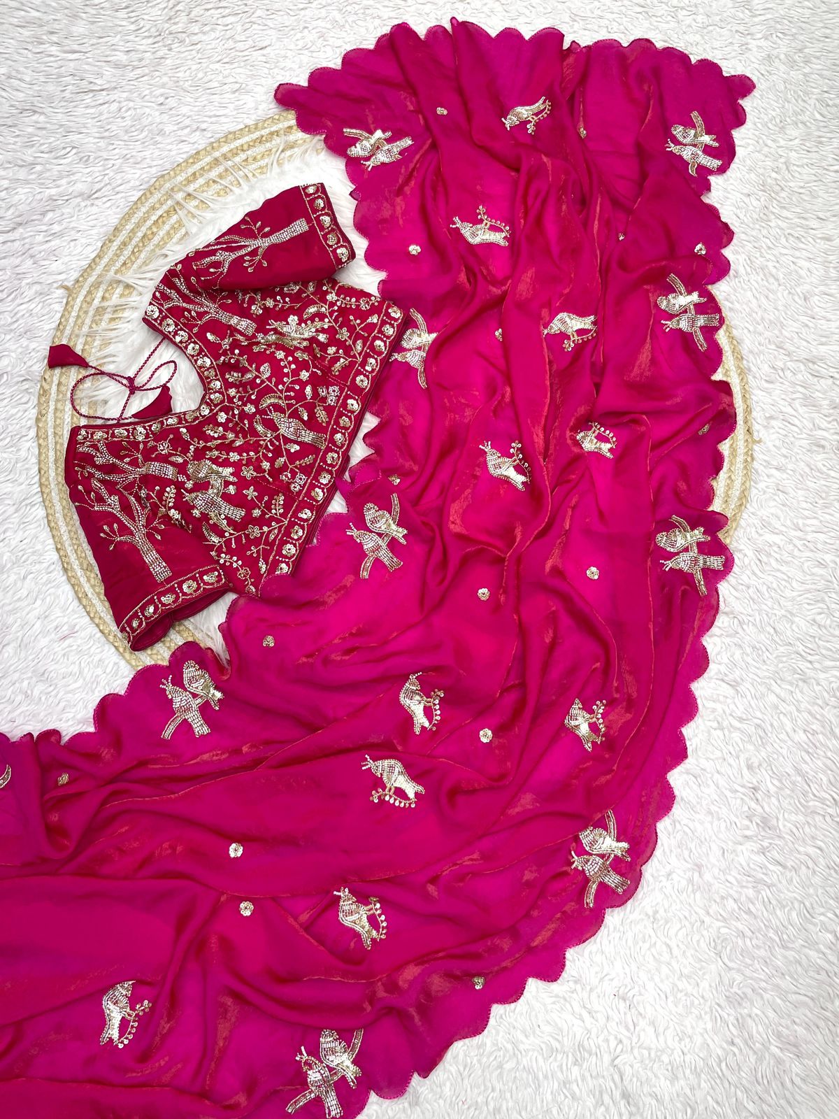 Bollywood Trending Fandy Satin Saree with Khatli & Beads Work Border | Ready-to-Wear Stitched Blouse | Party Wear Designer Saree
