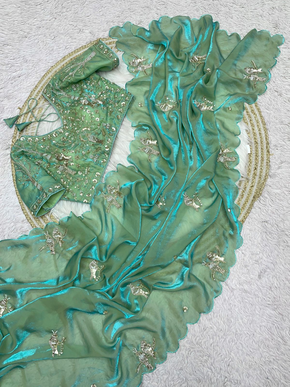 Bollywood Trending Fandy Satin Saree with Khatli & Beads Work Border | Ready-to-Wear Stitched Blouse | Party Wear Designer Saree
