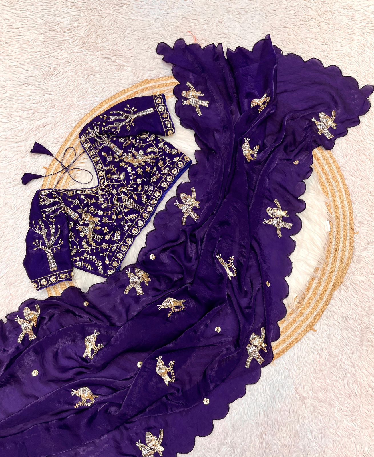 Bollywood Trending Fandy Satin Saree with Khatli & Beads Work Border | Ready-to-Wear Stitched Blouse | Party Wear Designer Saree