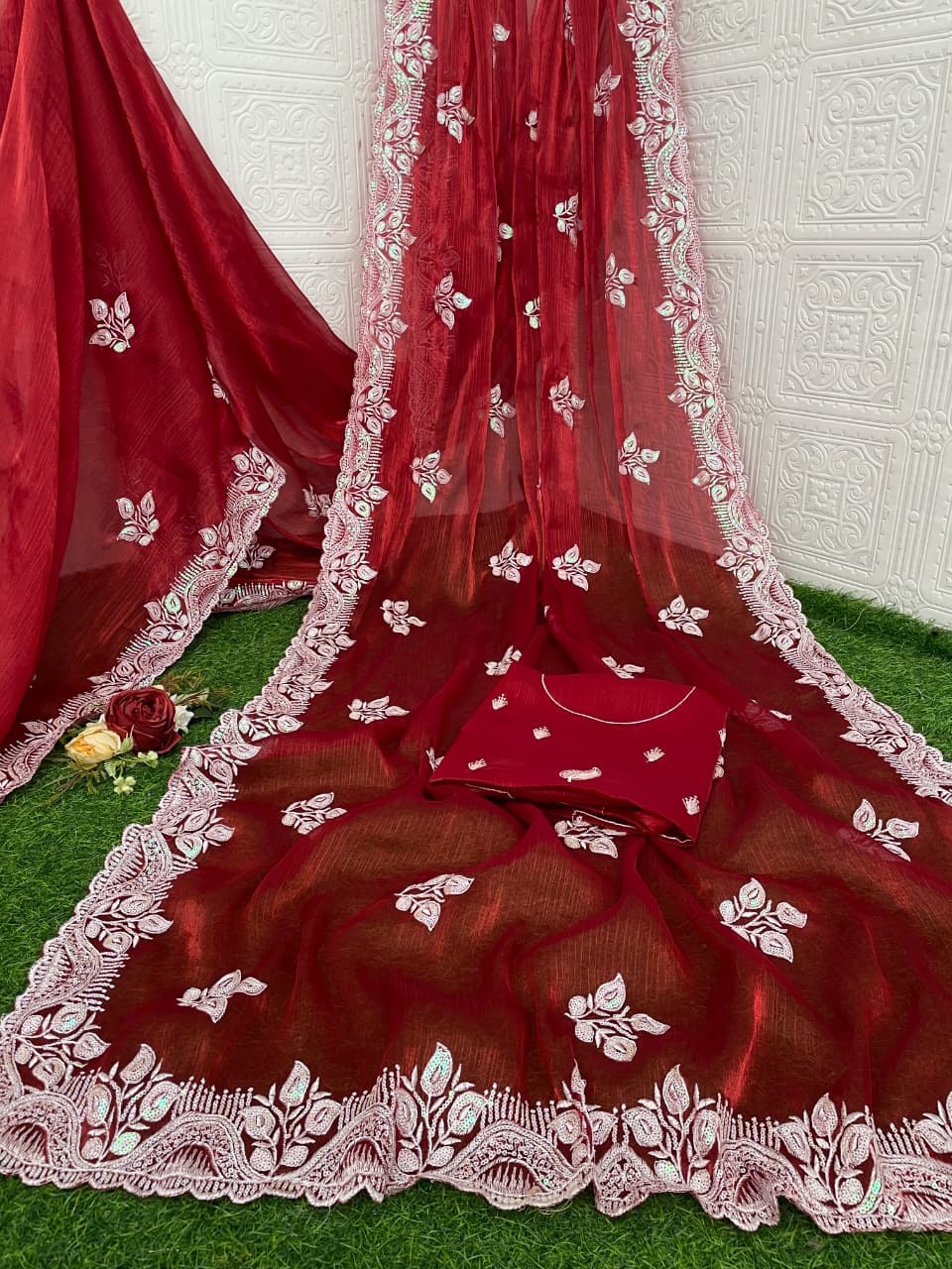 Pure Blooming Burberry Chiffon Silk Saree with Thread & Sequence Work and Jimmy Chiffon Blouse
