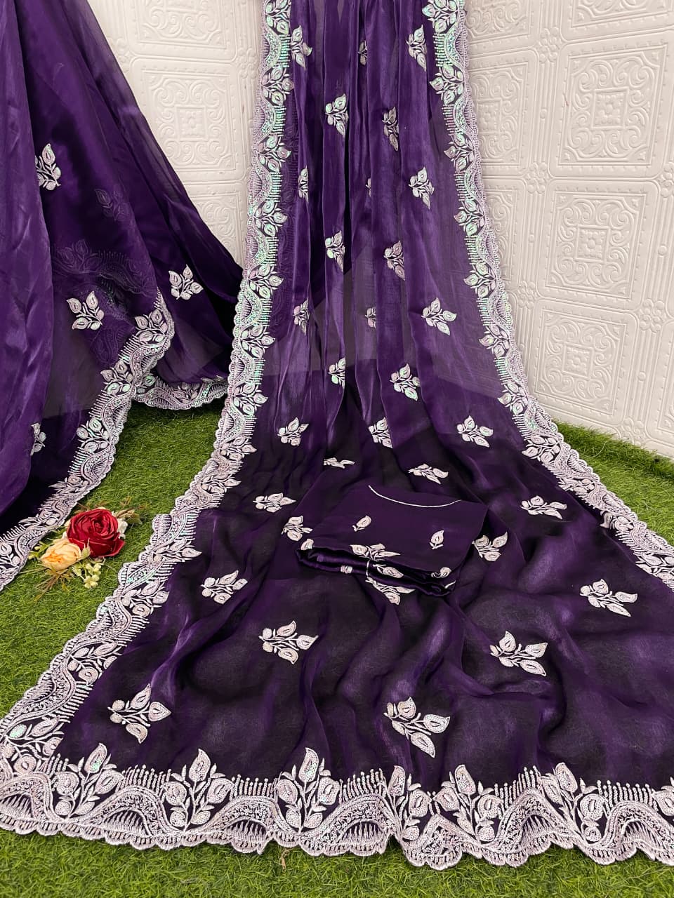 Pure Blooming Burberry Chiffon Silk Saree with Thread & Sequence Work and Jimmy Chiffon Blouse
