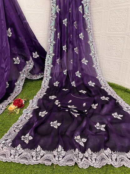 Pure Blooming Burberry Chiffon Silk Saree with Thread & Sequence Work and Jimmy Chiffon Blouse