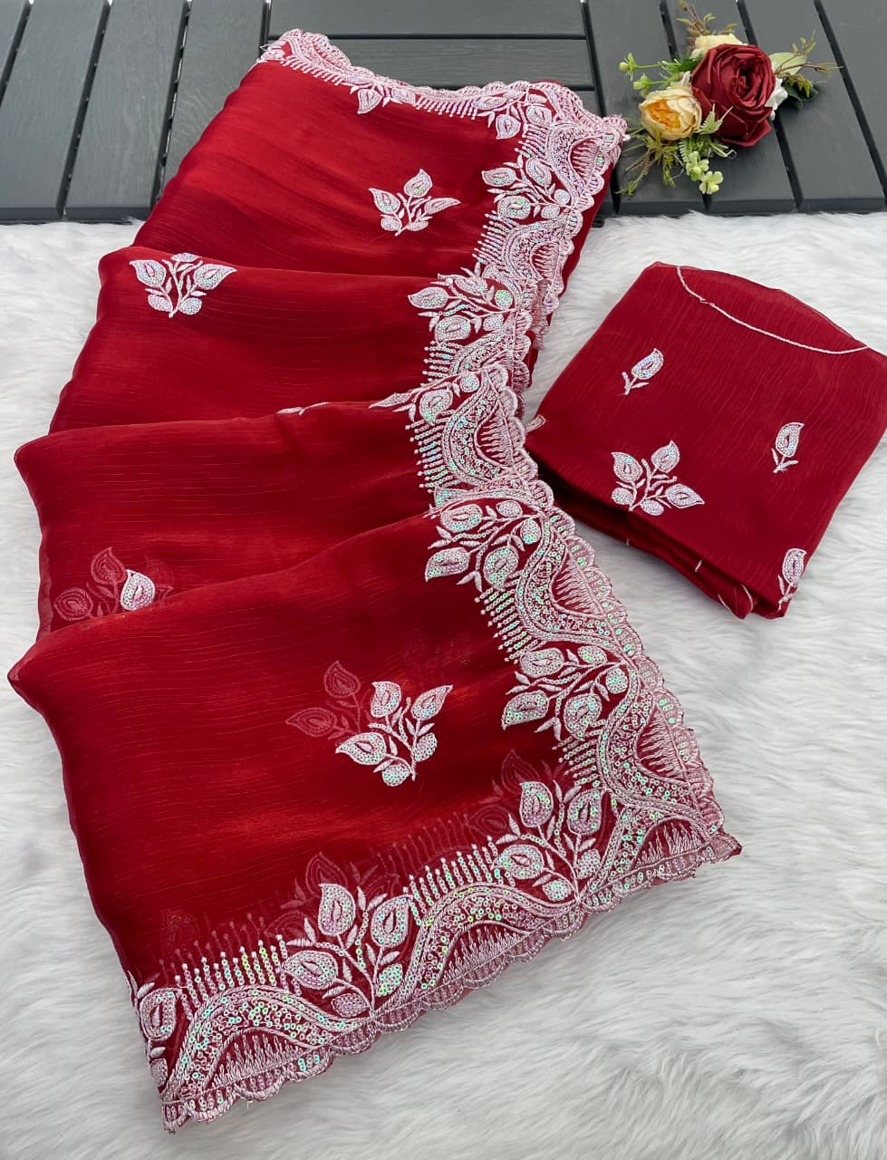 Pure Blooming Burberry Chiffon Silk Saree with Thread & Sequence Work and Jimmy Chiffon Blouse