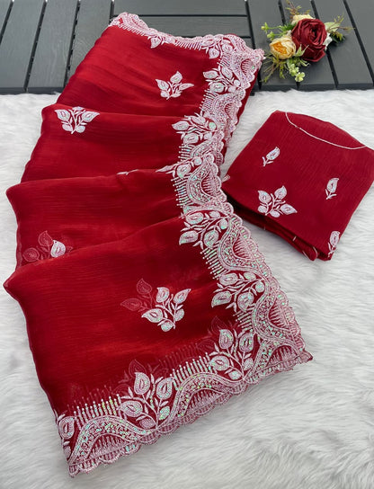 Pure Blooming Burberry Chiffon Silk Saree with Thread & Sequence Work and Jimmy Chiffon Blouse