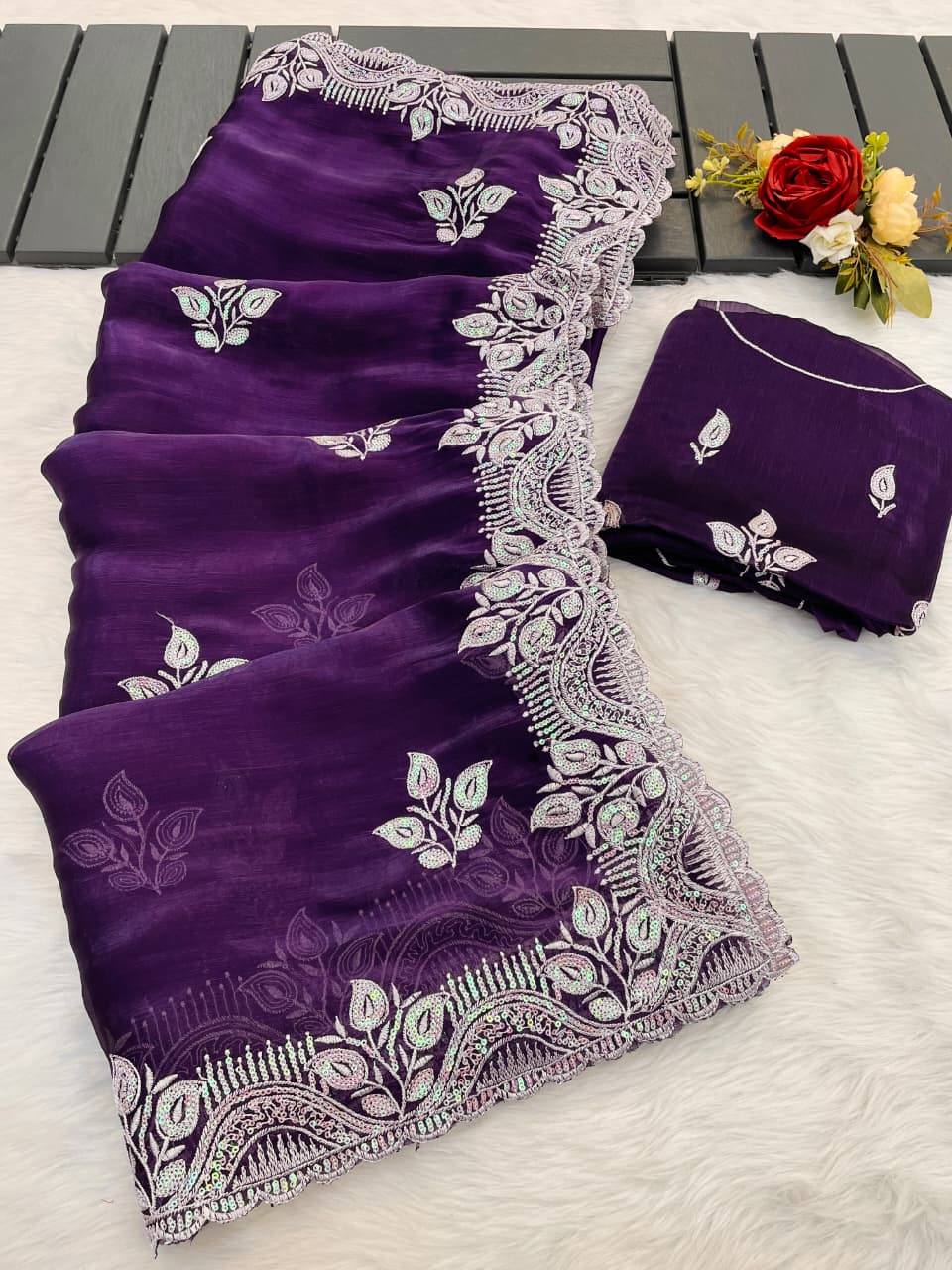 Pure Blooming Burberry Chiffon Silk Saree with Thread & Sequence Work and Jimmy Chiffon Blouse