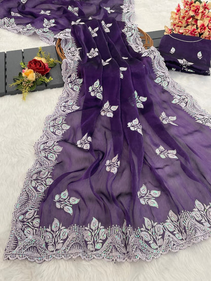 Pure Blooming Burberry Chiffon Silk Saree with Thread & Sequence Work and Jimmy Chiffon Blouse