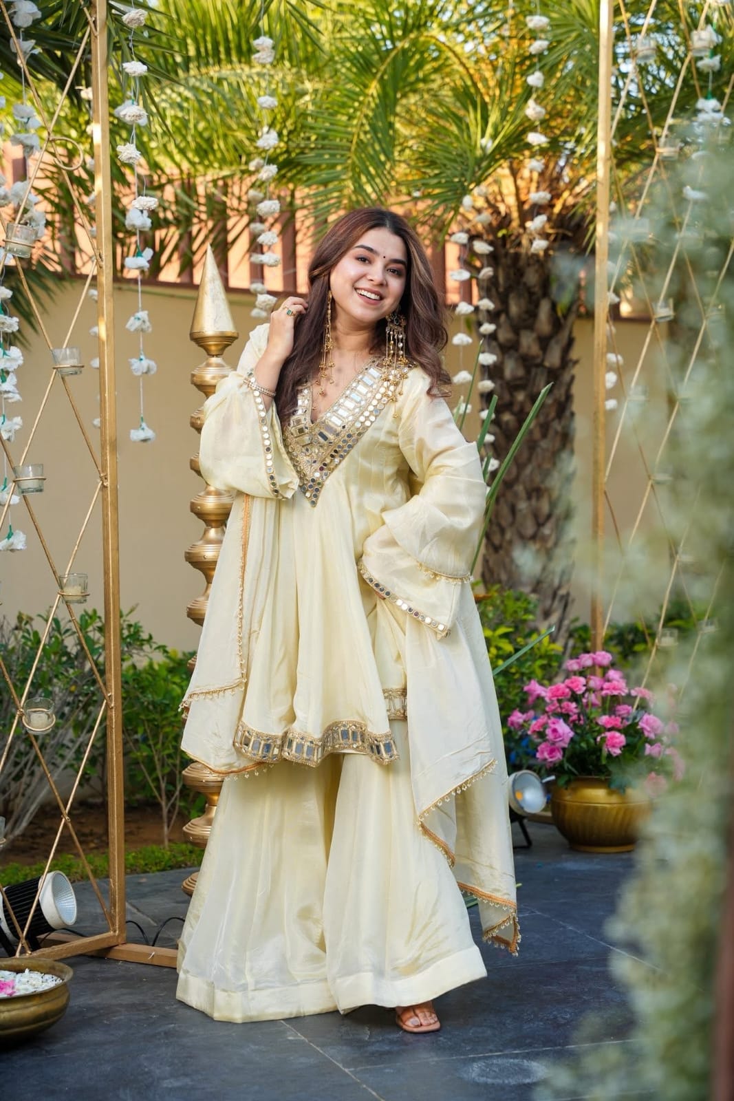 Aliya Cut Kediya Style Real Mirror Work Palazzo Set with Dupatta & Mirror Pouch | Soft Chinon Ethnic Suit Set for Women