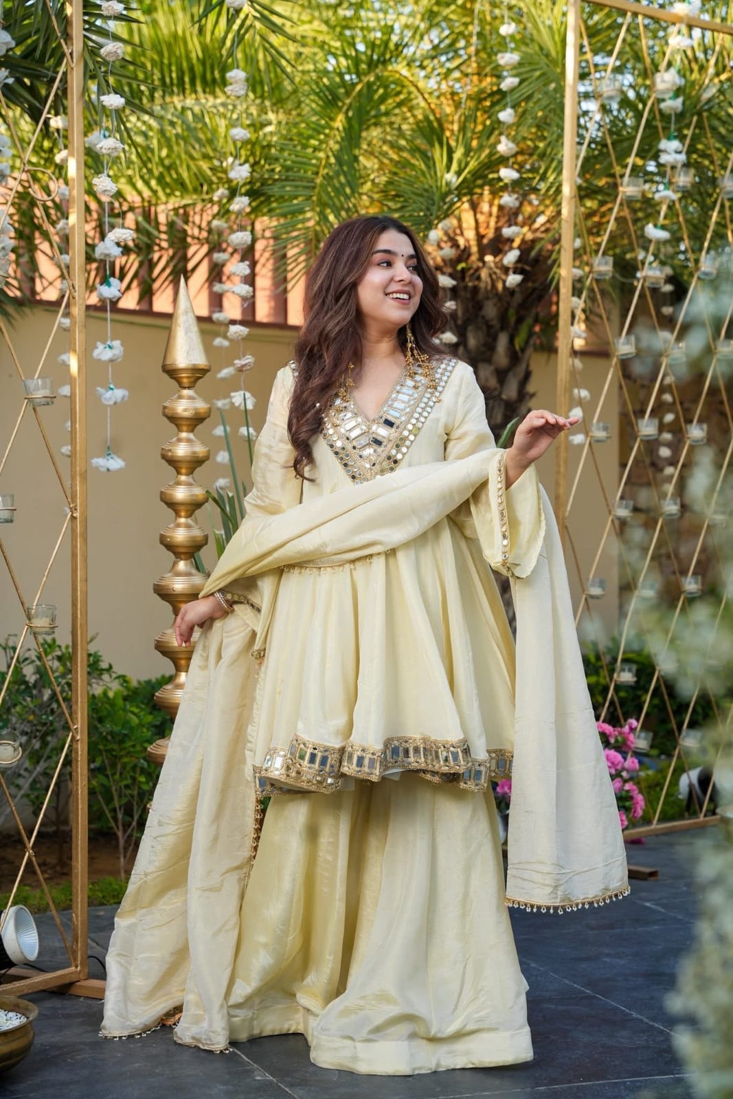 Aliya Cut Kediya Style Real Mirror Work Palazzo Set with Dupatta & Mirror Pouch | Soft Chinon Ethnic Suit Set for Women