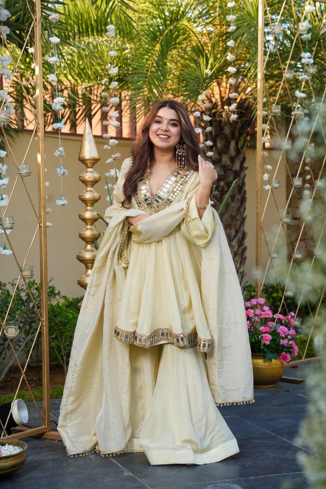 Aliya Cut Kediya Style Real Mirror Work Palazzo Set with Dupatta & Mirror Pouch | Soft Chinon Ethnic Suit Set for Women