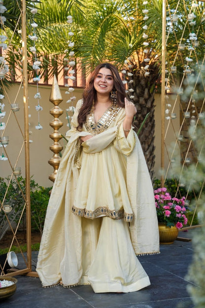 Aliya Cut Kediya Style Real Mirror Work Palazzo Set with Dupatta & Mirror Pouch | Soft Chinon Ethnic Suit Set for Women