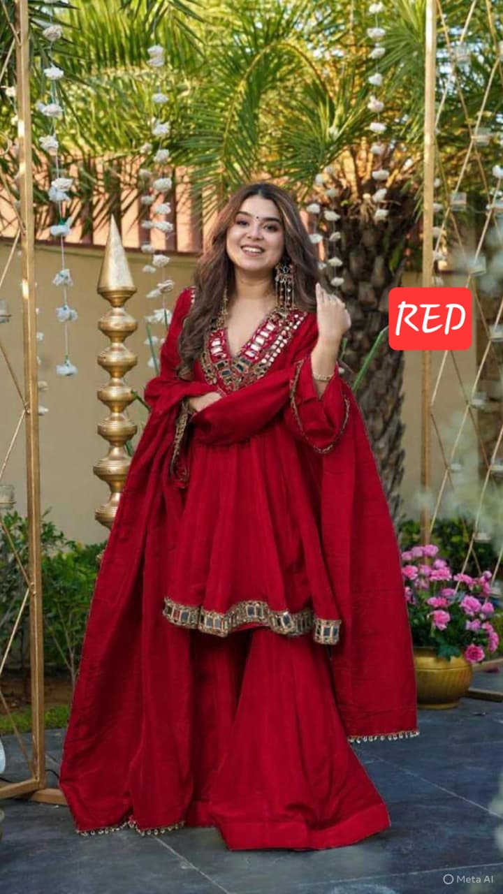 Aliya Cut Kediya Style Real Mirror Work Palazzo Set with Dupatta & Mirror Pouch | Soft Chinon Ethnic Suit Set for Women