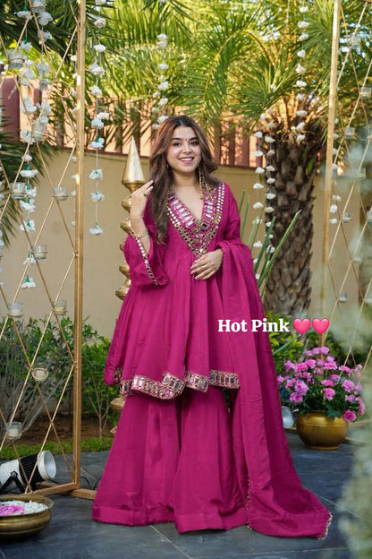 Aliya Cut Kediya Style Real Mirror Work Palazzo Set with Dupatta & Mirror Pouch | Soft Chinon Ethnic Suit Set for Women