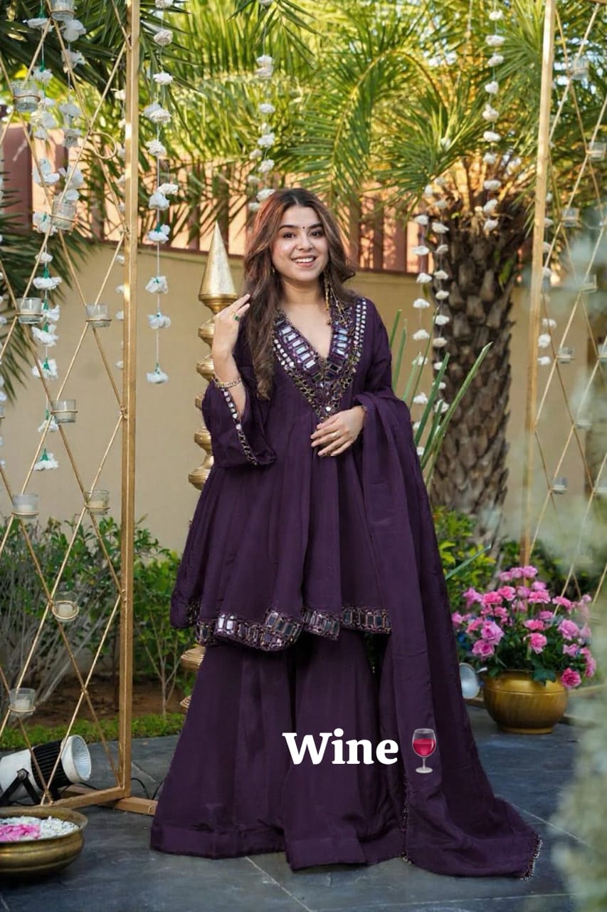 Aliya Cut Kediya Style Real Mirror Work Palazzo Set with Dupatta & Mirror Pouch | Soft Chinon Ethnic Suit Set for Women