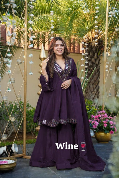 Aliya Cut Kediya Style Real Mirror Work Palazzo Set with Dupatta & Mirror Pouch | Soft Chinon Ethnic Suit Set for Women