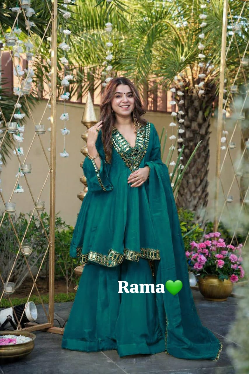Aliya Cut Kediya Style Real Mirror Work Palazzo Set with Dupatta & Mirror Pouch | Soft Chinon Ethnic Suit Set for Women
