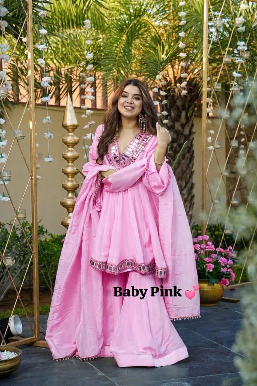 Aliya Cut Kediya Style Real Mirror Work Palazzo Set with Dupatta & Mirror Pouch | Soft Chinon Ethnic Suit Set for Women