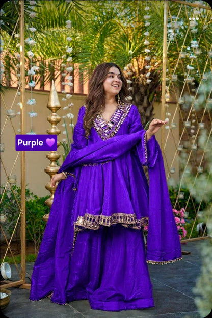Aliya Cut Kediya Style Real Mirror Work Palazzo Set with Dupatta & Mirror Pouch | Soft Chinon Ethnic Suit Set for Women