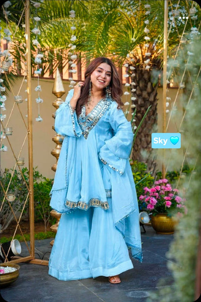 Aliya Cut Kediya Style Real Mirror Work Palazzo Set with Dupatta & Mirror Pouch | Soft Chinon Ethnic Suit Set for Women