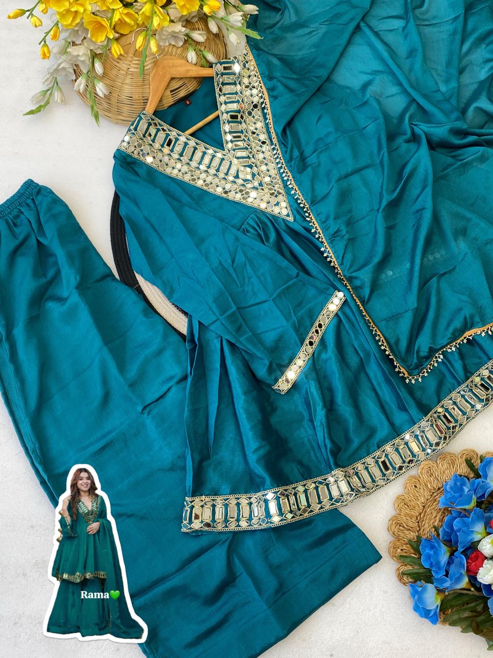 Aliya Cut Kediya Style Real Mirror Work Palazzo Set with Dupatta & Mirror Pouch | Soft Chinon Ethnic Suit Set for Women