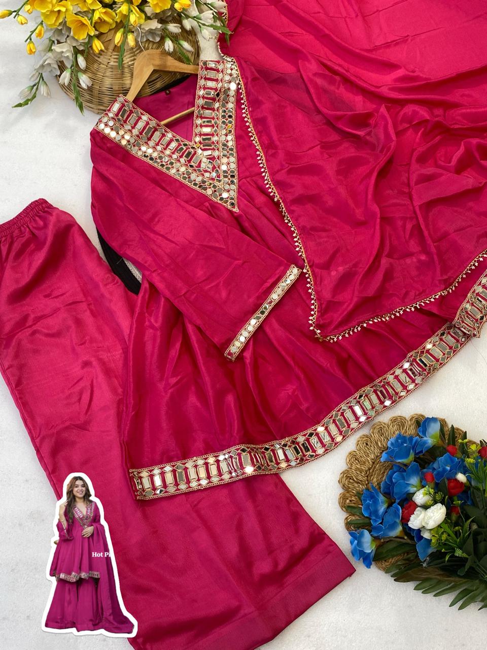 Aliya Cut Kediya Style Real Mirror Work Palazzo Set with Dupatta & Mirror Pouch | Soft Chinon Ethnic Suit Set for Women