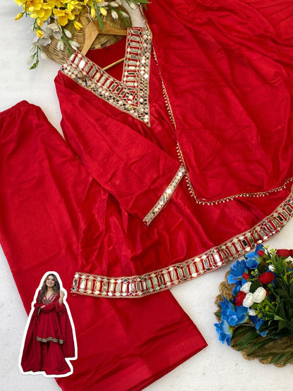 Aliya Cut Kediya Style Real Mirror Work Palazzo Set with Dupatta & Mirror Pouch | Soft Chinon Ethnic Suit Set for Women