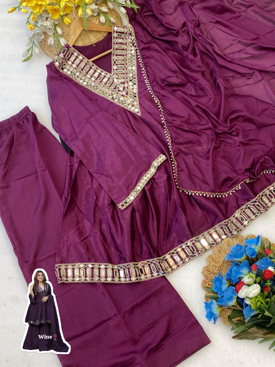 Aliya Cut Kediya Style Real Mirror Work Palazzo Set with Dupatta & Mirror Pouch | Soft Chinon Ethnic Suit Set for Women