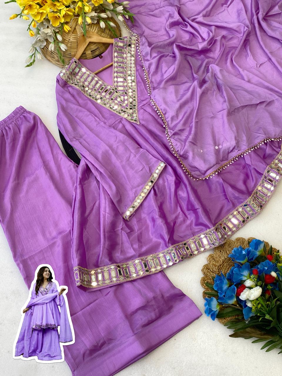 Aliya Cut Kediya Style Real Mirror Work Palazzo Set with Dupatta & Mirror Pouch | Soft Chinon Ethnic Suit Set for Women