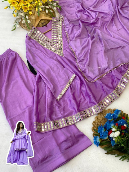 Aliya Cut Kediya Style Real Mirror Work Palazzo Set with Dupatta & Mirror Pouch | Soft Chinon Ethnic Suit Set for Women