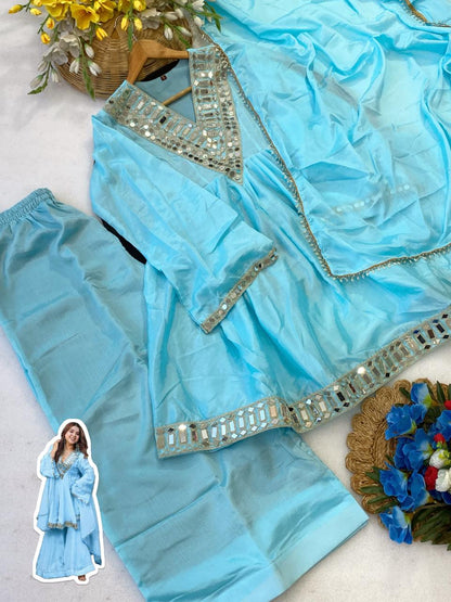 Aliya Cut Kediya Style Real Mirror Work Palazzo Set with Dupatta & Mirror Pouch | Soft Chinon Ethnic Suit Set for Women