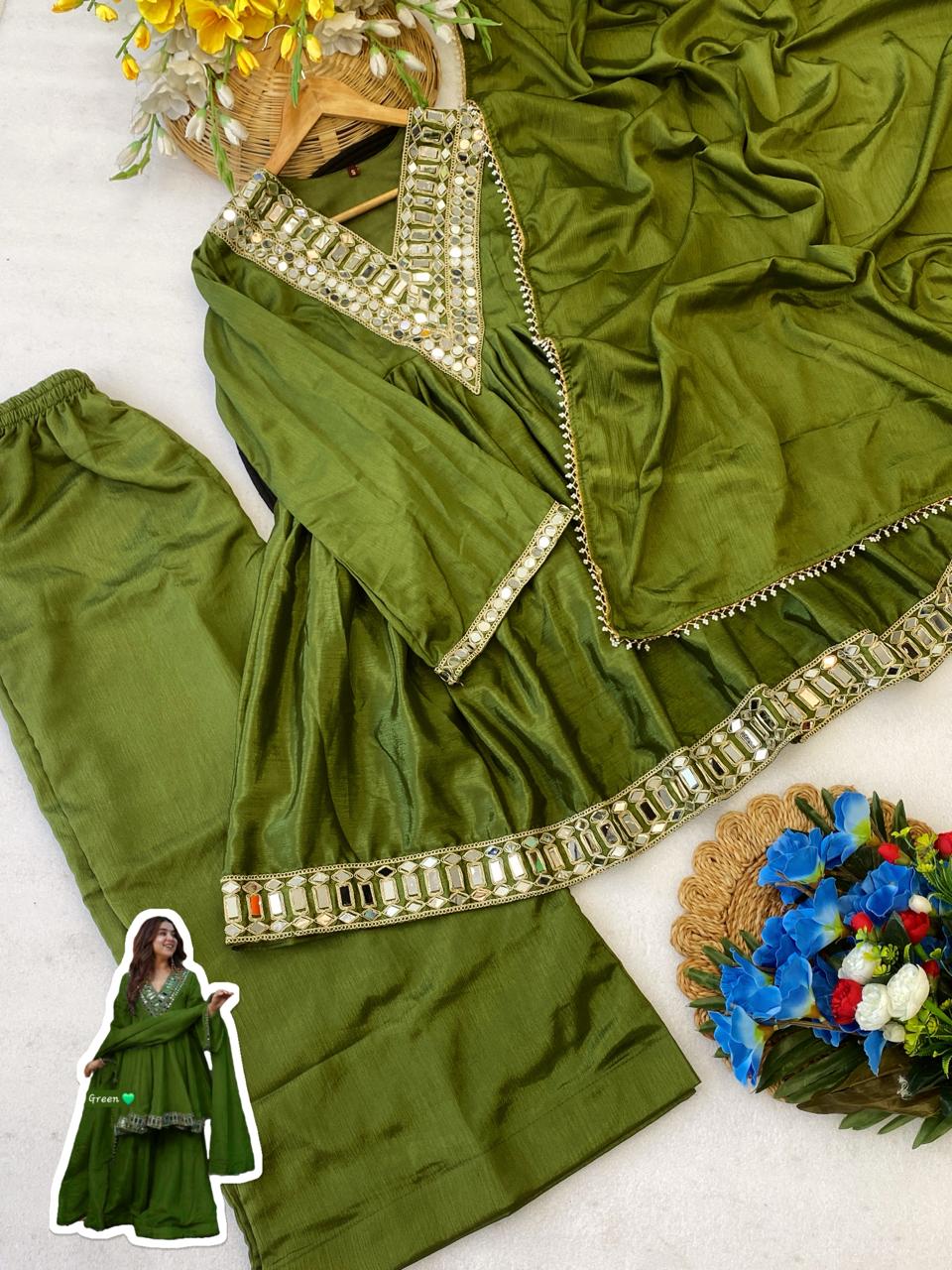 Aliya Cut Kediya Style Real Mirror Work Palazzo Set with Dupatta & Mirror Pouch | Soft Chinon Ethnic Suit Set for Women
