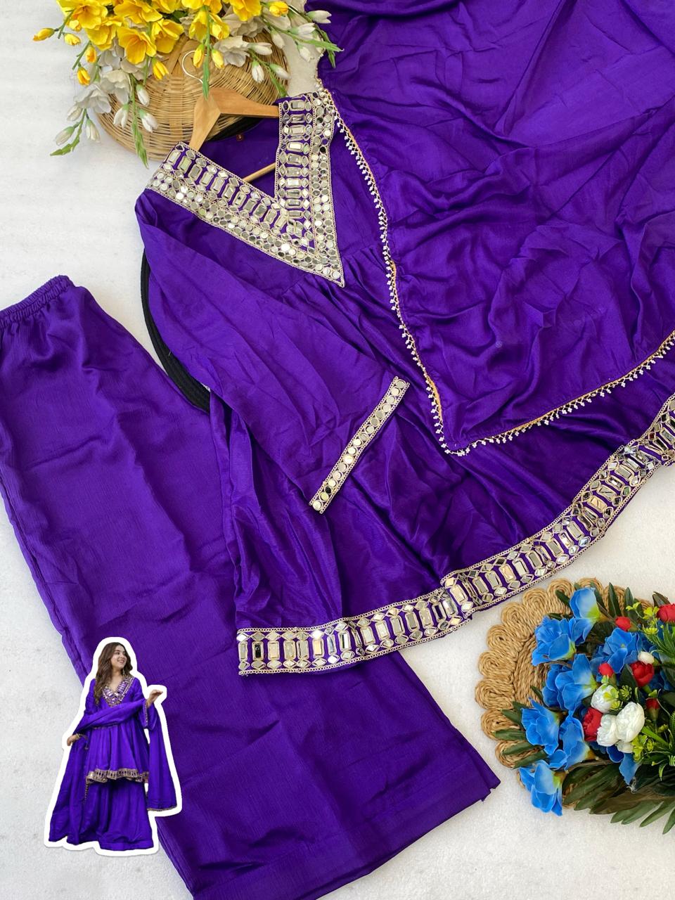 Aliya Cut Kediya Style Real Mirror Work Palazzo Set with Dupatta & Mirror Pouch | Soft Chinon Ethnic Suit Set for Women