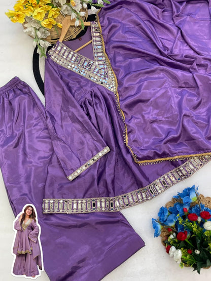 Aliya Cut Kediya Style Real Mirror Work Palazzo Set with Dupatta & Mirror Pouch | Soft Chinon Ethnic Suit Set for Women