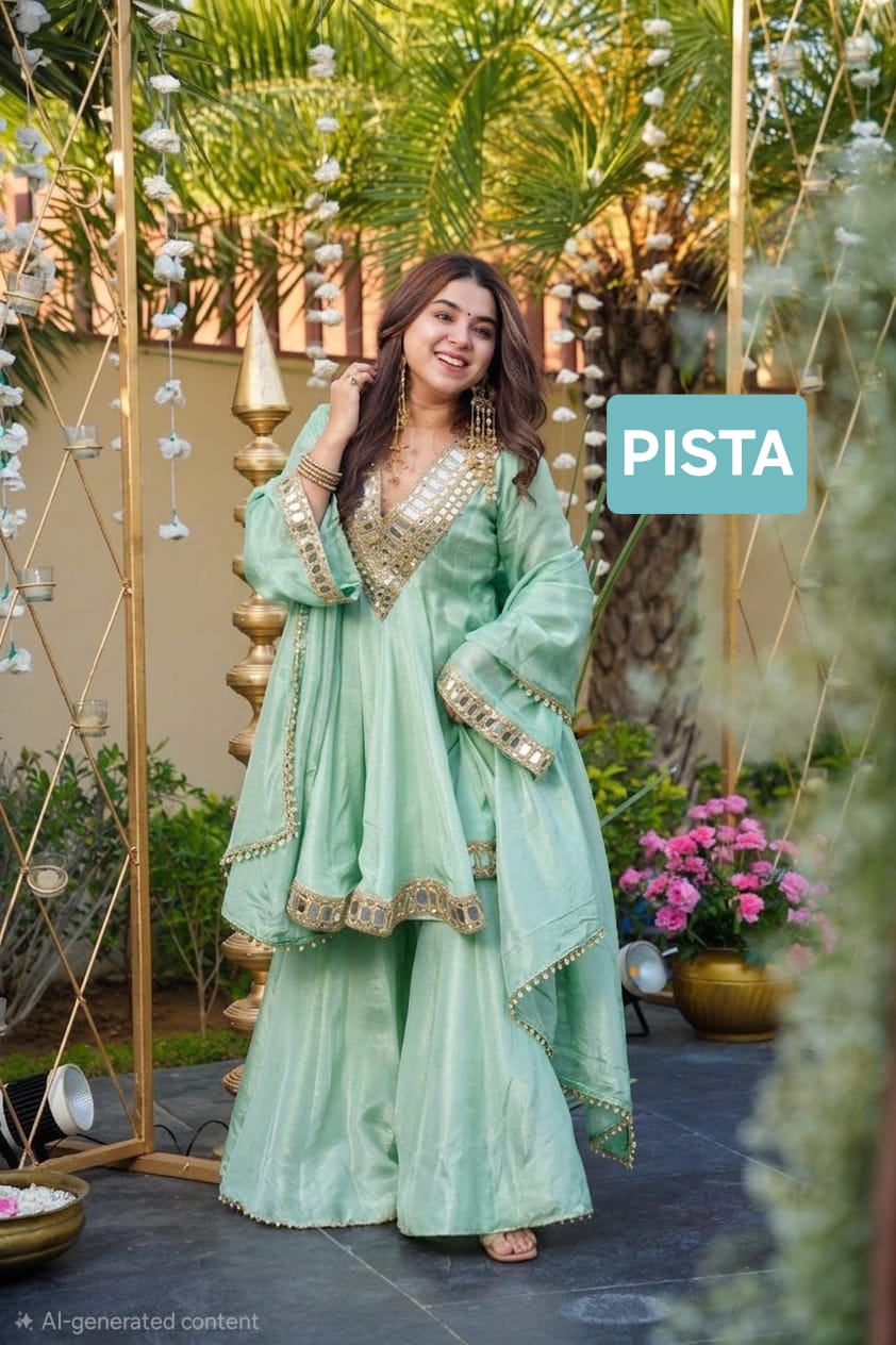 Aliya Cut Kediya Style Real Mirror Work Palazzo Set with Dupatta & Mirror Pouch | Soft Chinon Ethnic Suit Set for Women
