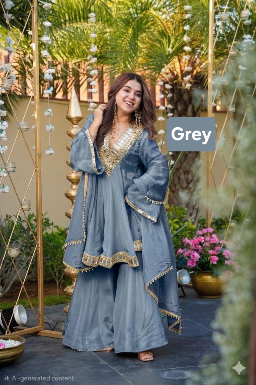 Aliya Cut Kediya Style Real Mirror Work Palazzo Set with Dupatta & Mirror Pouch | Soft Chinon Ethnic Suit Set for Women
