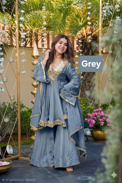 Aliya Cut Kediya Style Real Mirror Work Palazzo Set with Dupatta & Mirror Pouch | Soft Chinon Ethnic Suit Set for Women