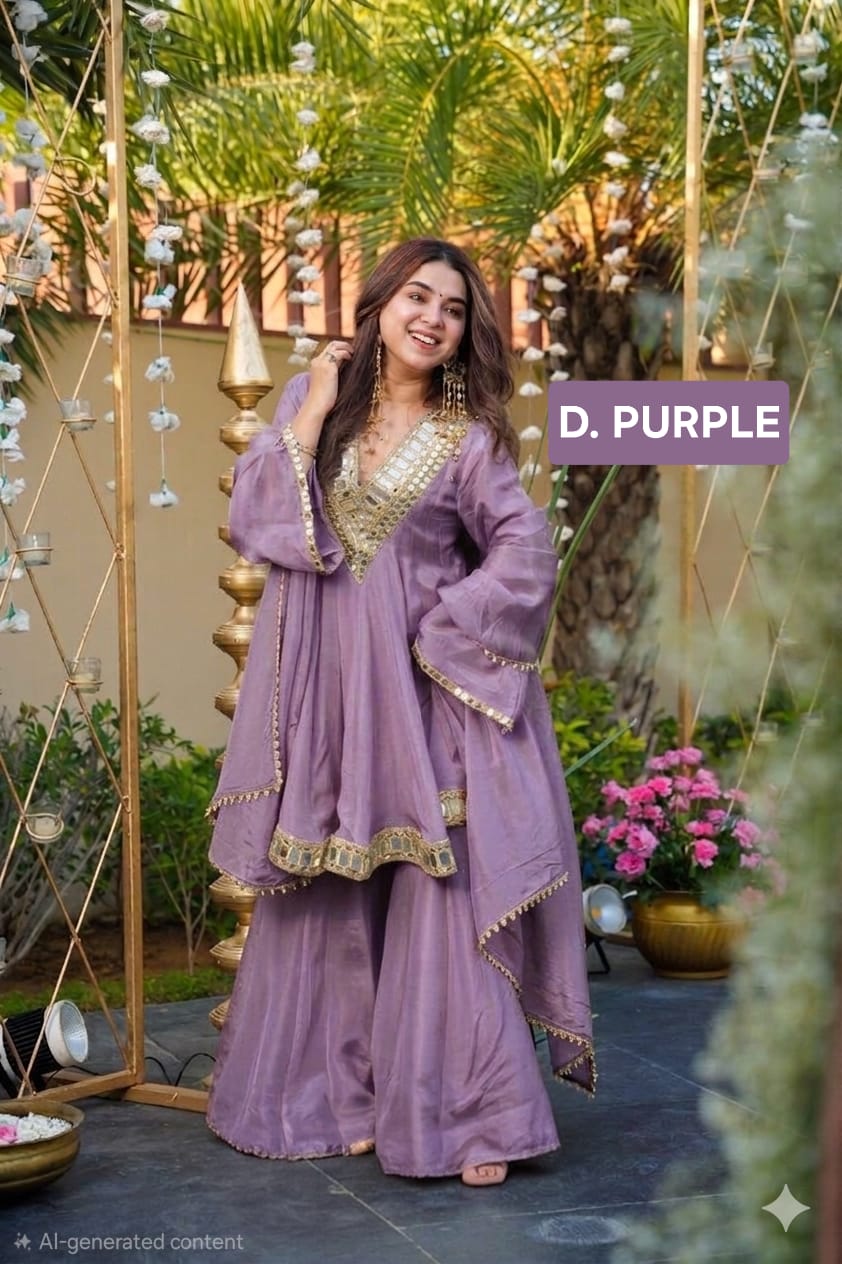 Aliya Cut Kediya Style Real Mirror Work Palazzo Set with Dupatta & Mirror Pouch | Soft Chinon Ethnic Suit Set for Women