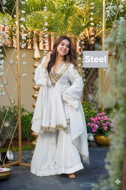 Aliya Cut Kediya Style Real Mirror Work Palazzo Set with Dupatta & Mirror Pouch | Soft Chinon Ethnic Suit Set for Women