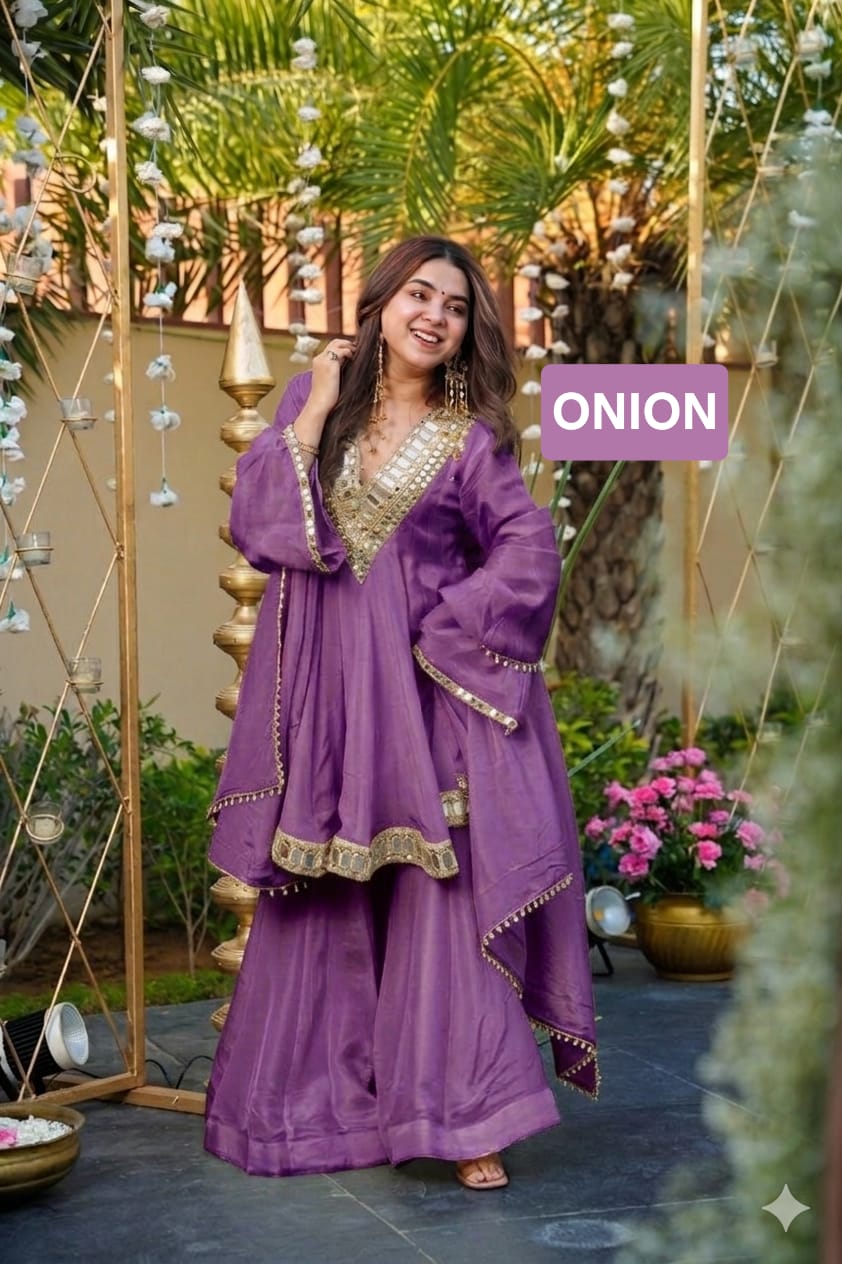 Aliya Cut Kediya Style Real Mirror Work Palazzo Set with Dupatta & Mirror Pouch | Soft Chinon Ethnic Suit Set for Women