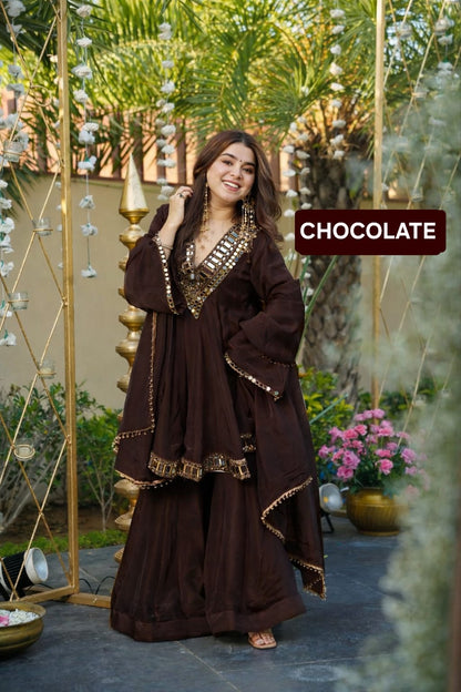Aliya Cut Kediya Style Real Mirror Work Palazzo Set with Dupatta & Mirror Pouch | Soft Chinon Ethnic Suit Set for Women