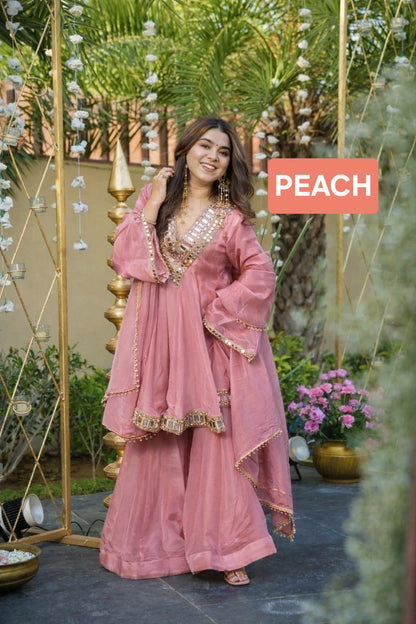 Aliya Cut Kediya Style Real Mirror Work Palazzo Set with Dupatta & Mirror Pouch | Soft Chinon Ethnic Suit Set for Women