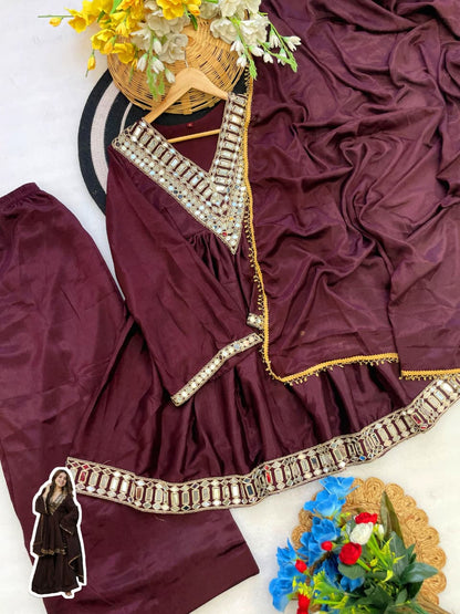 Aliya Cut Kediya Style Real Mirror Work Palazzo Set with Dupatta & Mirror Pouch | Soft Chinon Ethnic Suit Set for Women