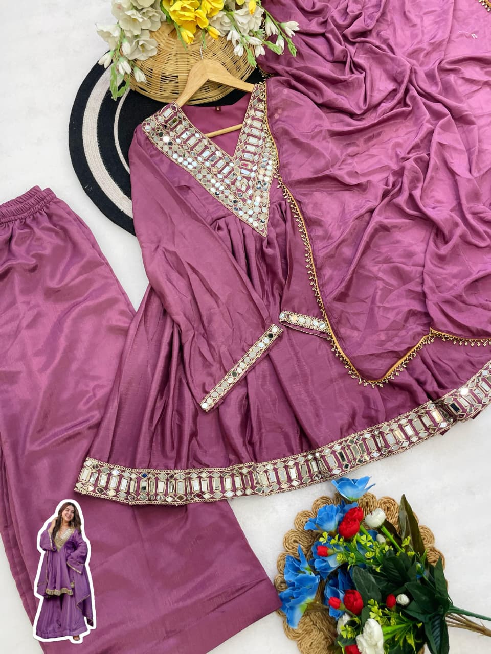 Aliya Cut Kediya Style Real Mirror Work Palazzo Set with Dupatta & Mirror Pouch | Soft Chinon Ethnic Suit Set for Women